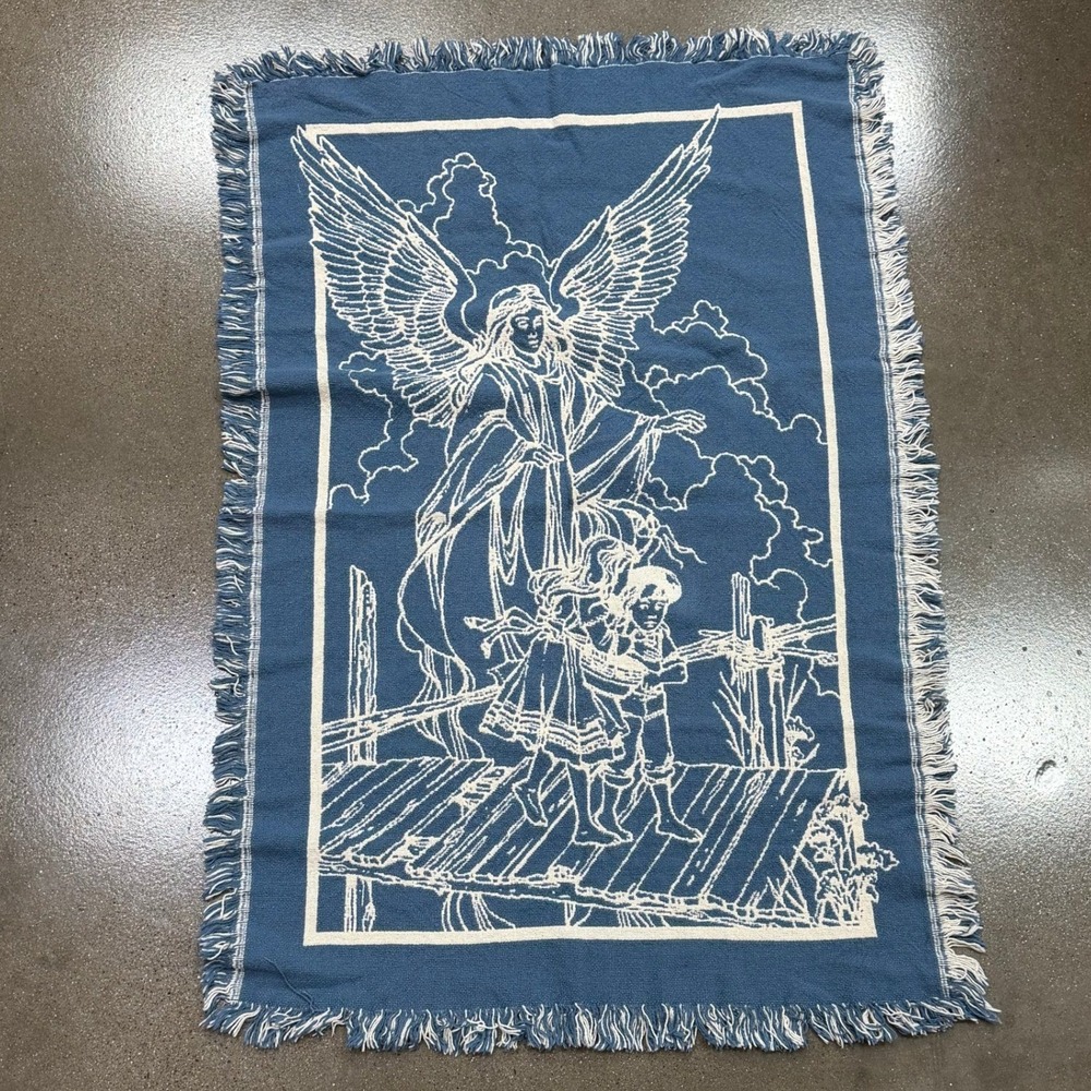 Vintage Guardian Angel Woven Throw Blanket Blue Cream Fringed Tapestry 32x46 - Picture 2 of 4